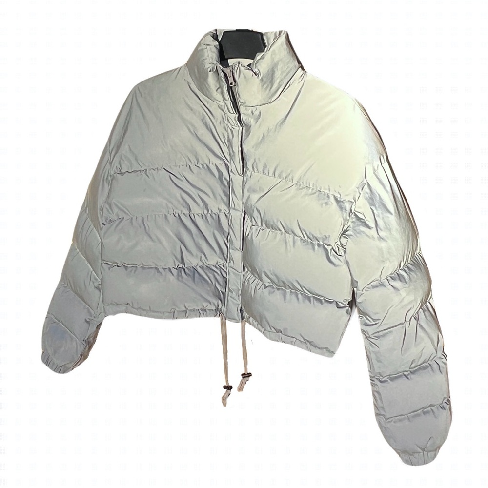 pretty little thing cropped relfective puffer jacket silver w drawstring waist 6
